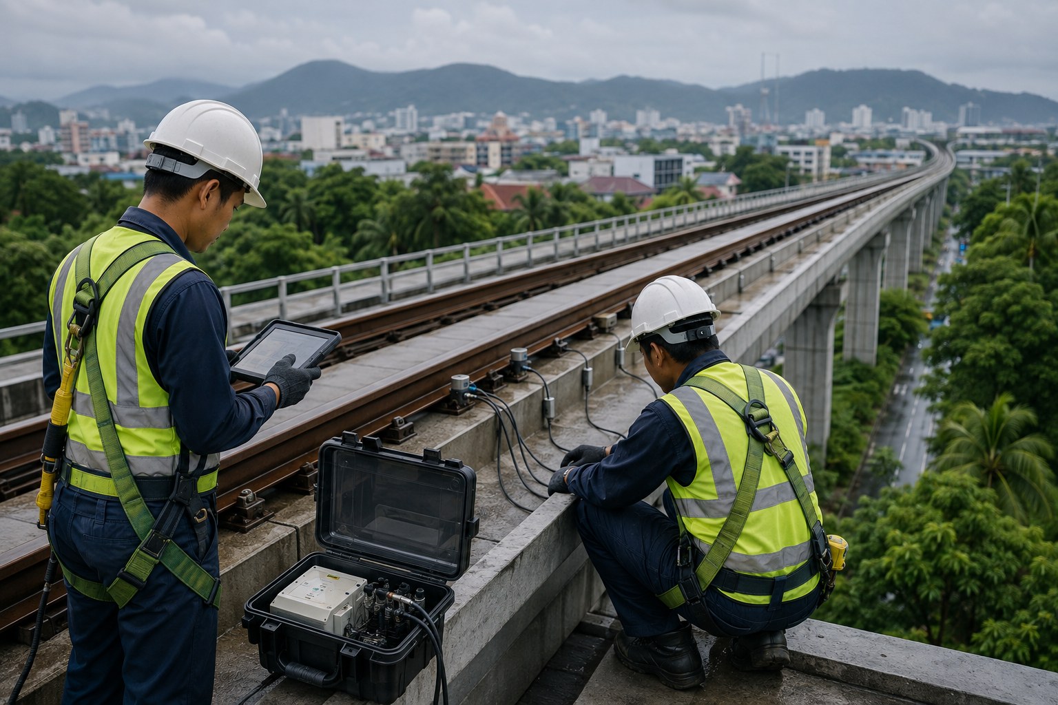 Rail infrastructure monitoring team in a tropical urban environment